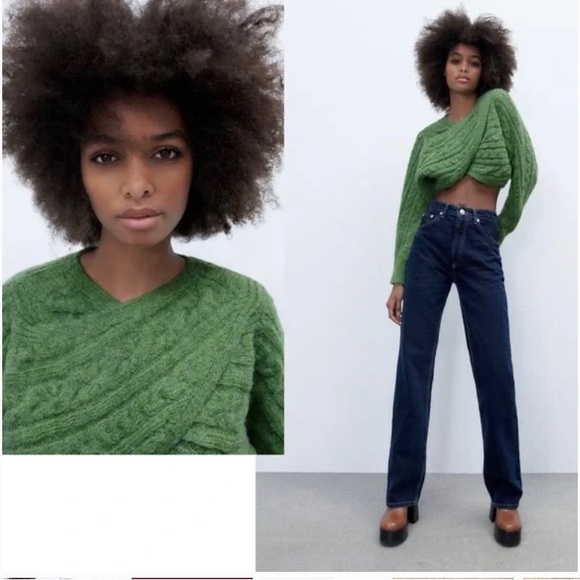 Zara Sweaters Zara Green Cable Knit Cropped Bolero Wrap Front Scarf Long Sleeve Sweater S